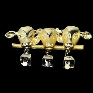 Brooch Three Cows Bar Pin Signed AJC Dangle Bells Shiny Gold Tone Vintage